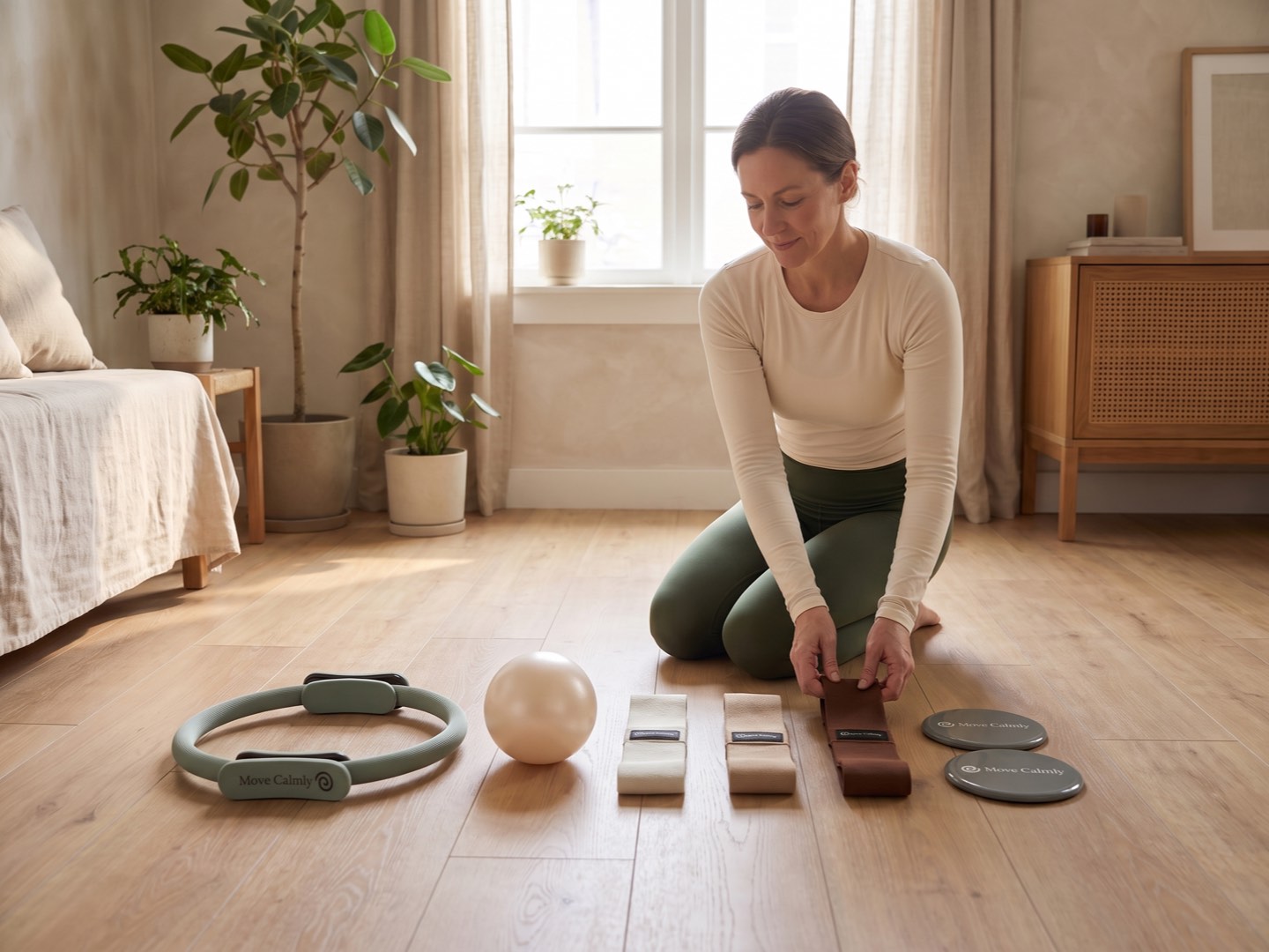 Move Calmly equipment arranged on a sunlit floor