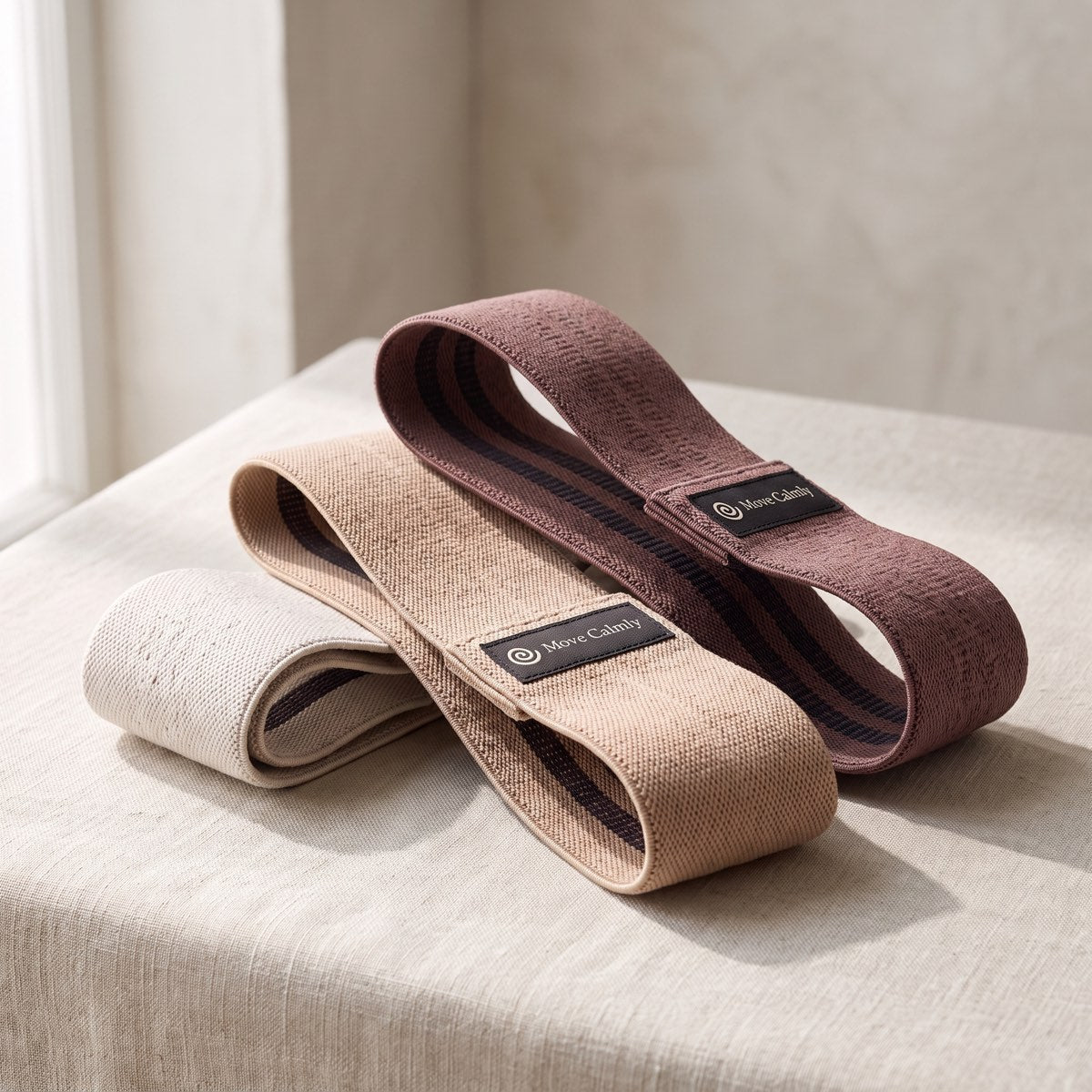 Move Calmly fabric loop band set in bone, sand and cocoa