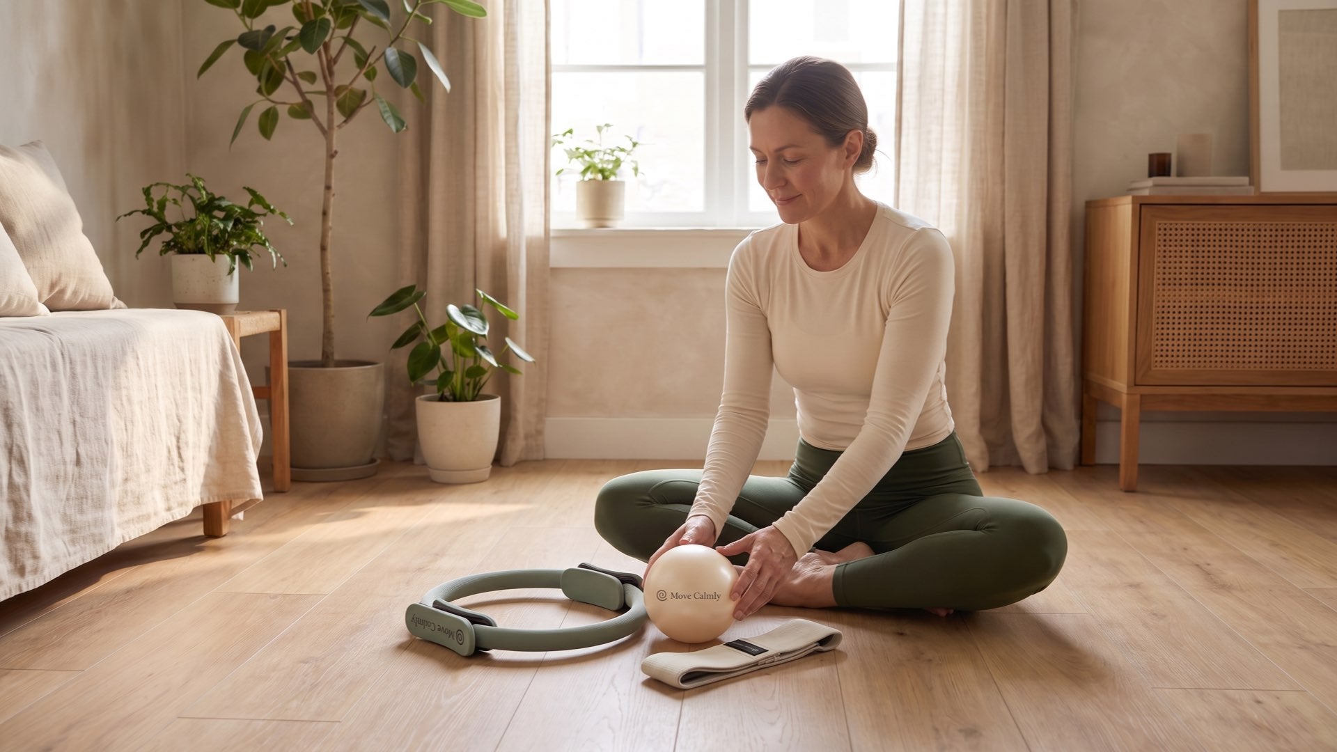 Woman seated with Move Calmly equipment in a sunlit room