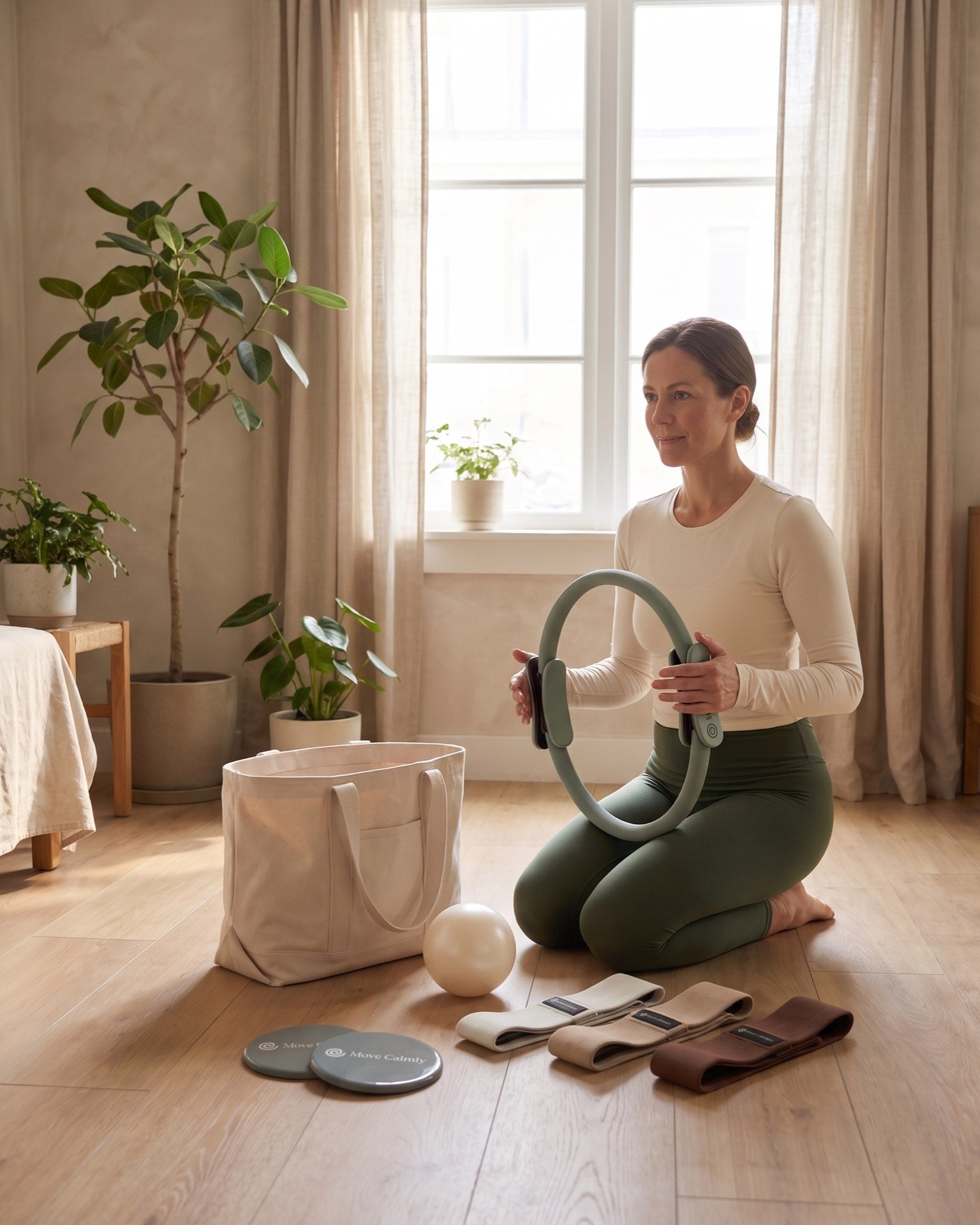 Woman kneeling beside the Move Calmly Daily Flow Kit in a sunlit apartment