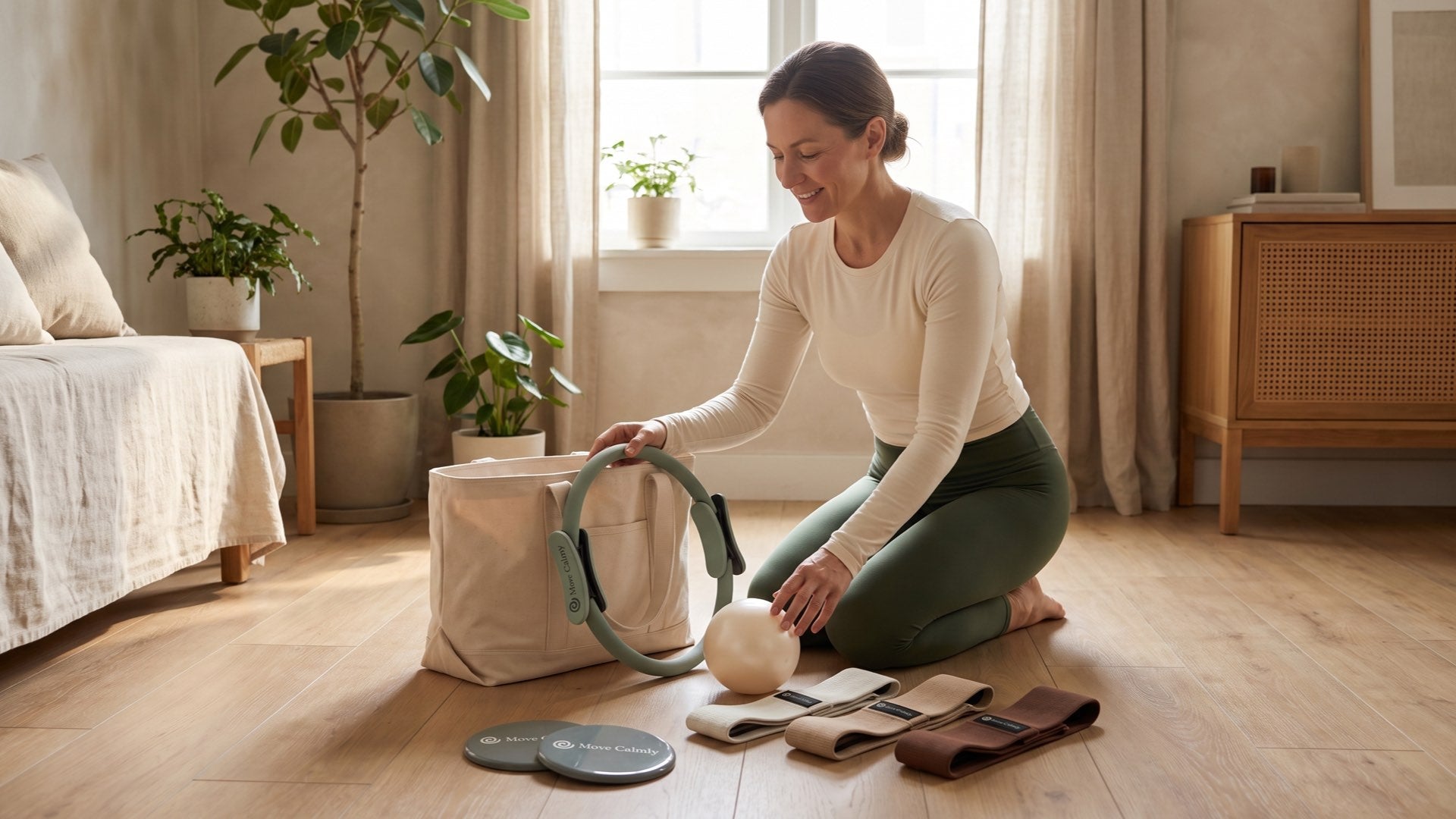 Woman settling beside the complete Move Calmly kit laid out on a wooden floor