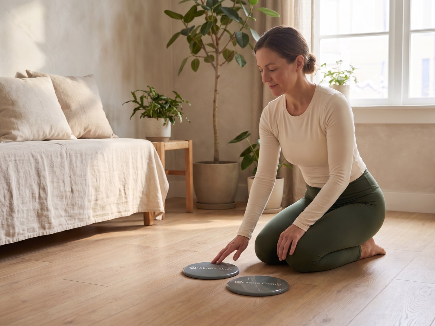 Woman placing Move Calmly slider discs on a wooden floor