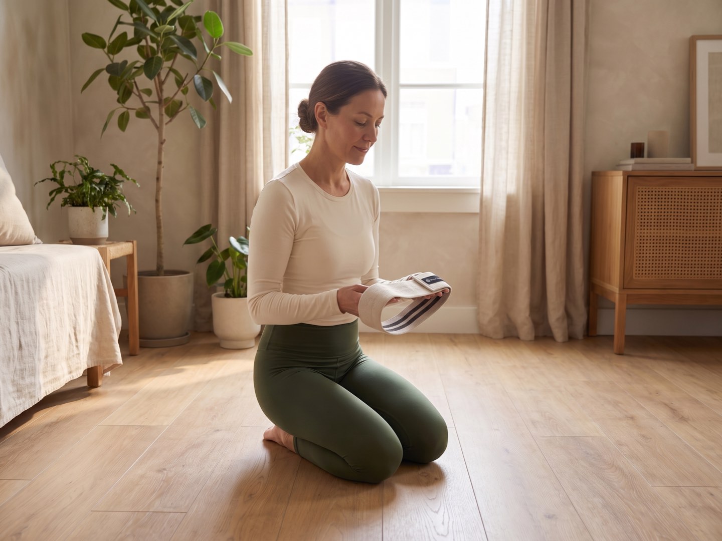 Woman holding a Move Calmly fabric resistance band