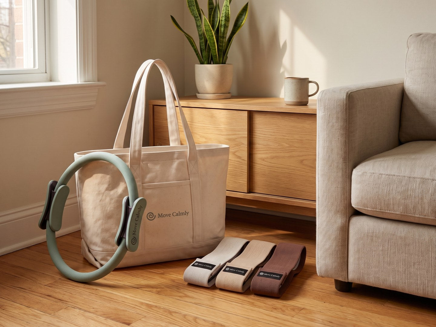The Move Calmly kit stored in the corner of a compact apartment